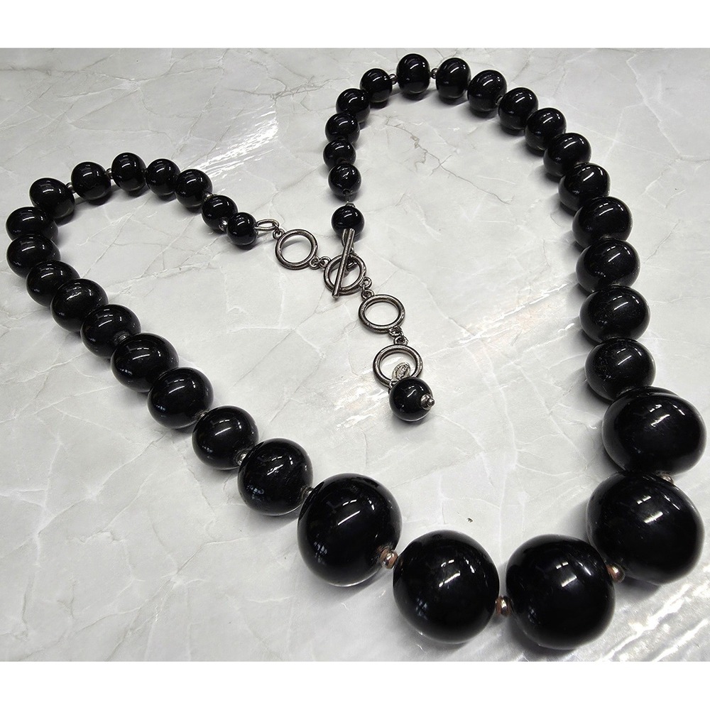 Vintage Monet Black Beaded Graduated Necklace 26" Jet Black Glass Toggle Clasp